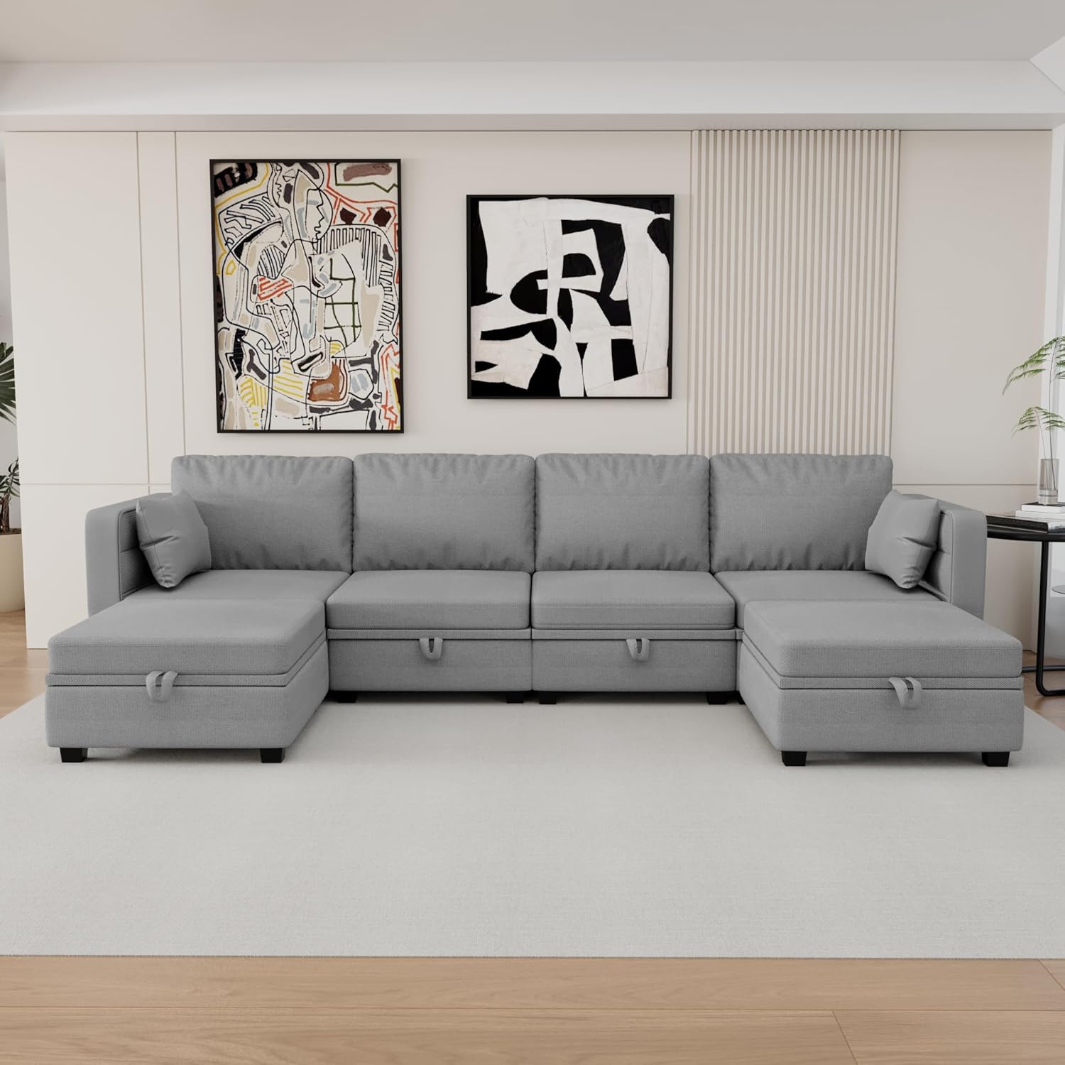 UBGO Living Room Furniture Set,U-Shape, 110" Extra Wide Reversible Chaise,Modular Sofa with Storage, Cozy Linen 6-seat Convertible Sectional Couch (Gray)