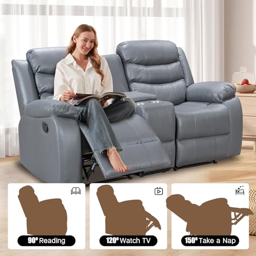 Leather Recliner Sofa, Double Recliner with Cup Holder, Grey I125022
