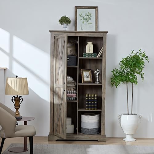 Rustic Farmhouse Tall Storage Cabinet Bookcase with Sliding Barn Door Y683325