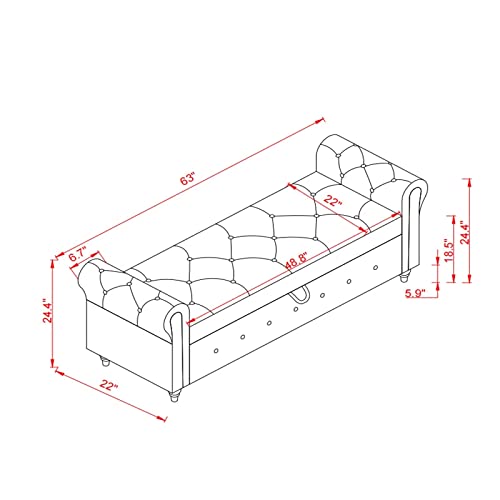 63" Tufted Storage Bench with Rolled Arms and Solid Wood Legs, Blue K38351