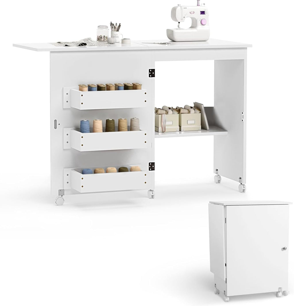 Folding Sewing Table Multipurpose Craft Station Desk Rolling Sewing Cabinet with 3 Storage Shelves Sewing Machine Cart with Lockable Casters (White)