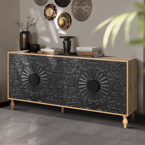 Sideboard Buffet Credenzas for Living Room, 63" Entryway Table with Storage Accent Cabinet, Carved Flowers Doors & Wire Holes