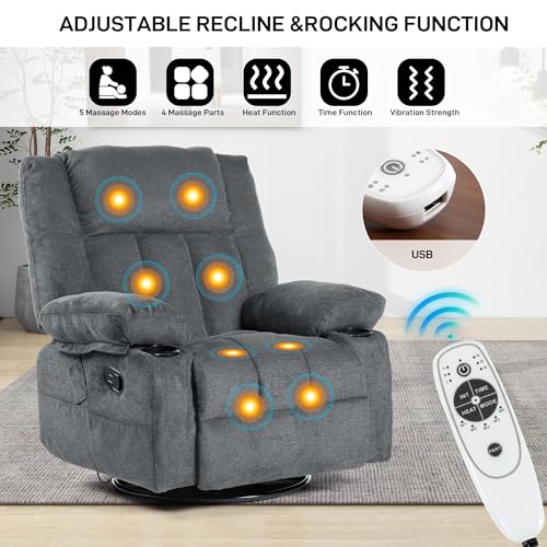 Massage Recliner Chair with Heat, 360 Swivel, Cup Holders D207
