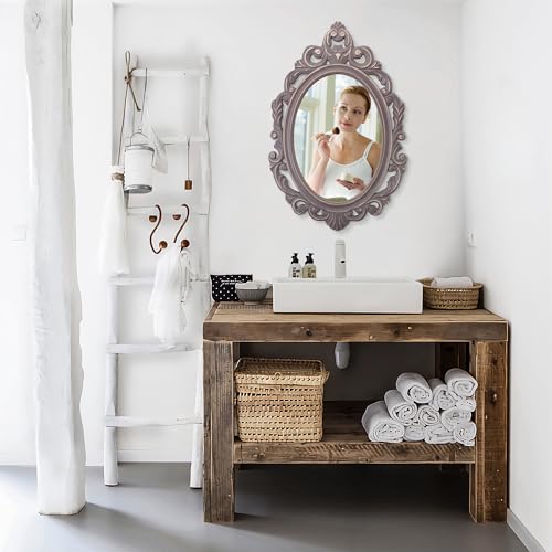Oval Wooden Hanging Mirror Grey Carved Frame Wall Decor 24"x16" G38518
