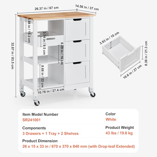 VEVOR Kitchen Island Cart, 26 inch Wood Top Rolling Cart with 3 Drawers D83256