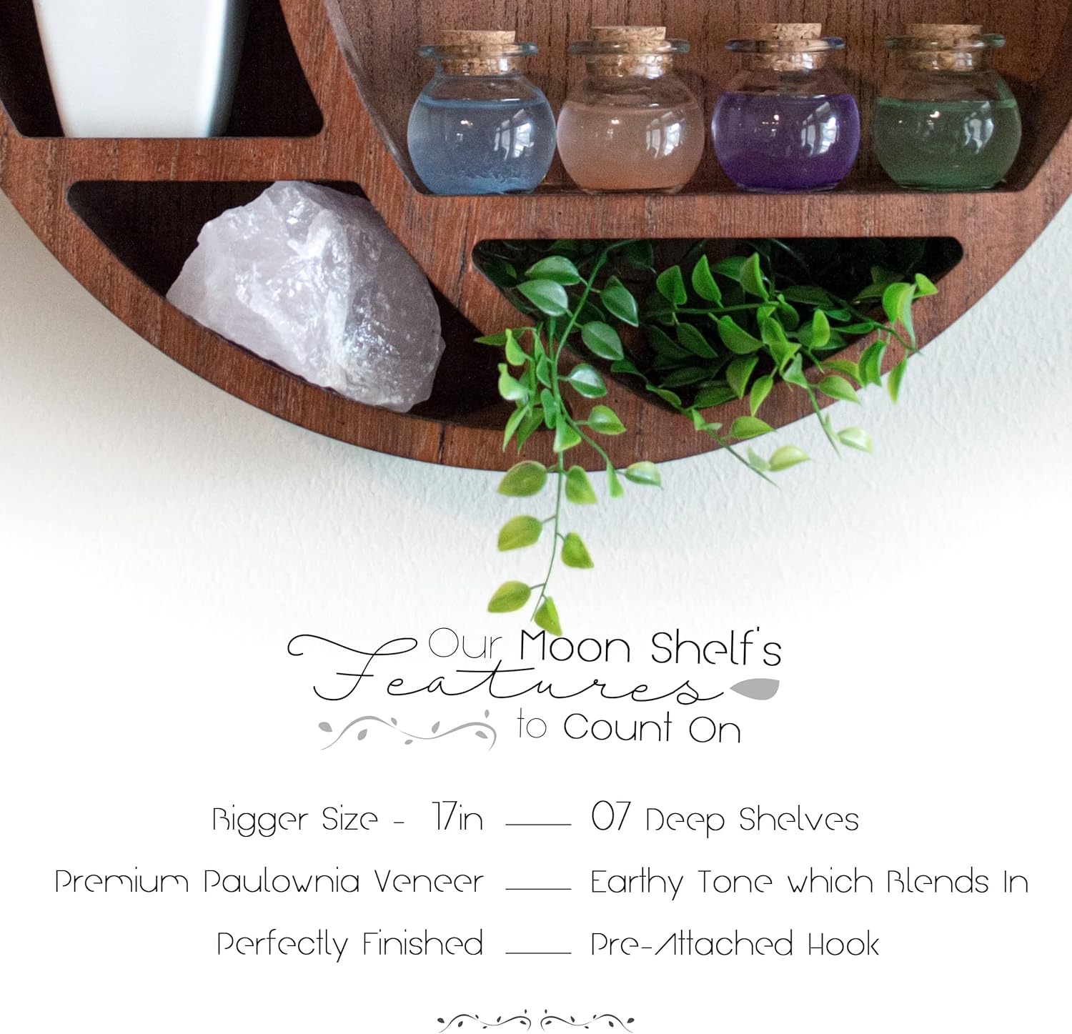 Crescent Moon Shelf for Crystals, Wooden Wall Decoration, Brown, 17 x 17 x 3.4 inches I55178