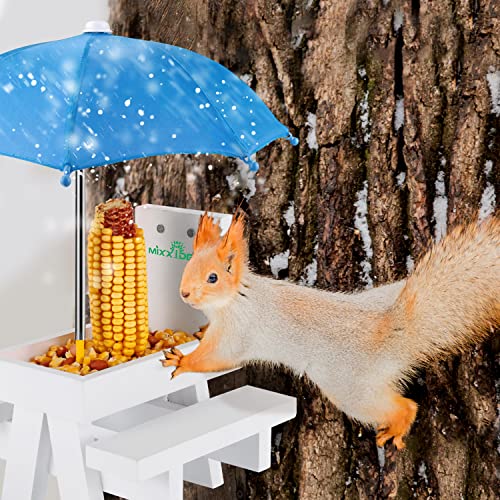 MIXXIDEA Squirrel Feeder Table with Umbrella, Wooden Picnic Table Feeder C6132