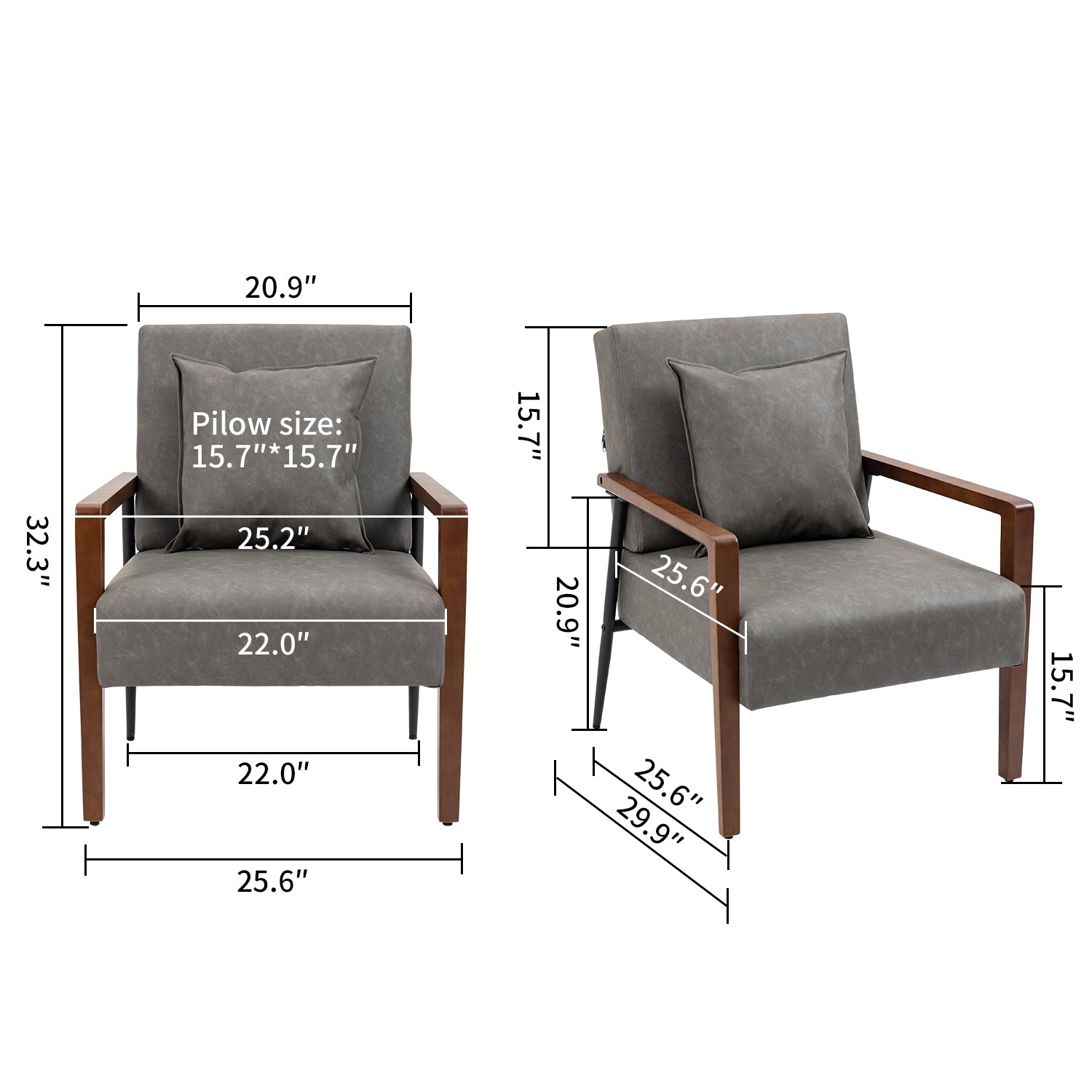 Mid-Century Modern Leather Armchair with Solid Wood Armrest S55508