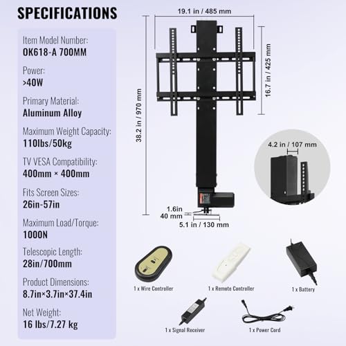 VEVOR Motorized TV Lift Stand for 26-57 inch TVs, Adjustable Height with Remote Control R26245