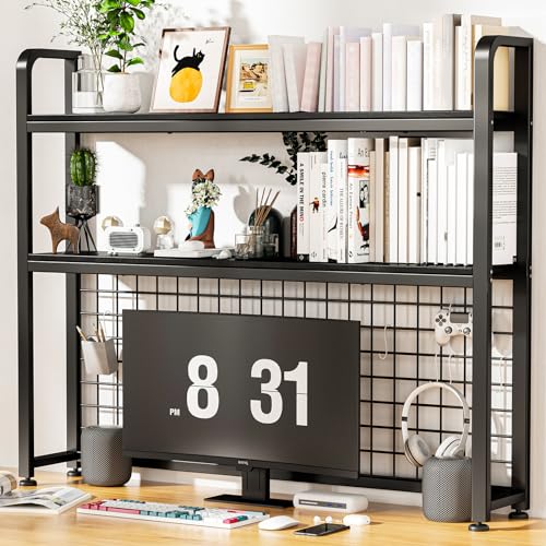 Desktop Bookshelf for Computer Desk, 2-Tier Multipurpose Wood Countertop Bookshelf, Wooden Desktop Bookcase, Multipurpose Freestanding Storage Rack Display Shelf for Office, Home Decor, BLACK
