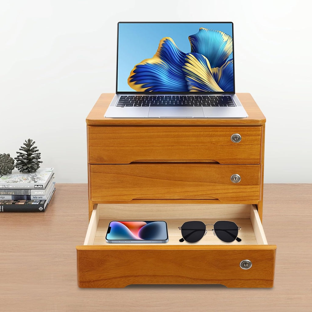 Wooden Desktop Storage Box with Lockable Drawers, File Organizer U4324