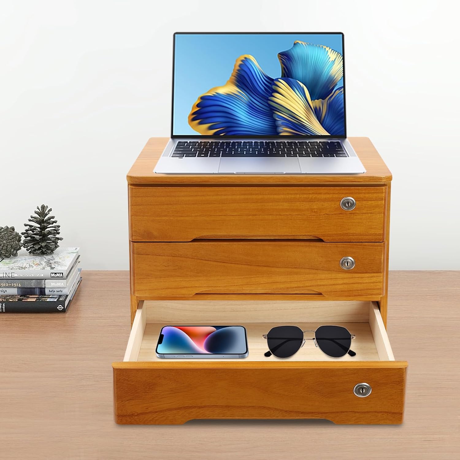 Wooden Desktop Storage Box with Lockable Drawers, File Organizer U4324