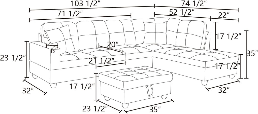 103 Inch L Shape 3 Piece Sectional Sofa Set with Storage Ottoman, Black L585