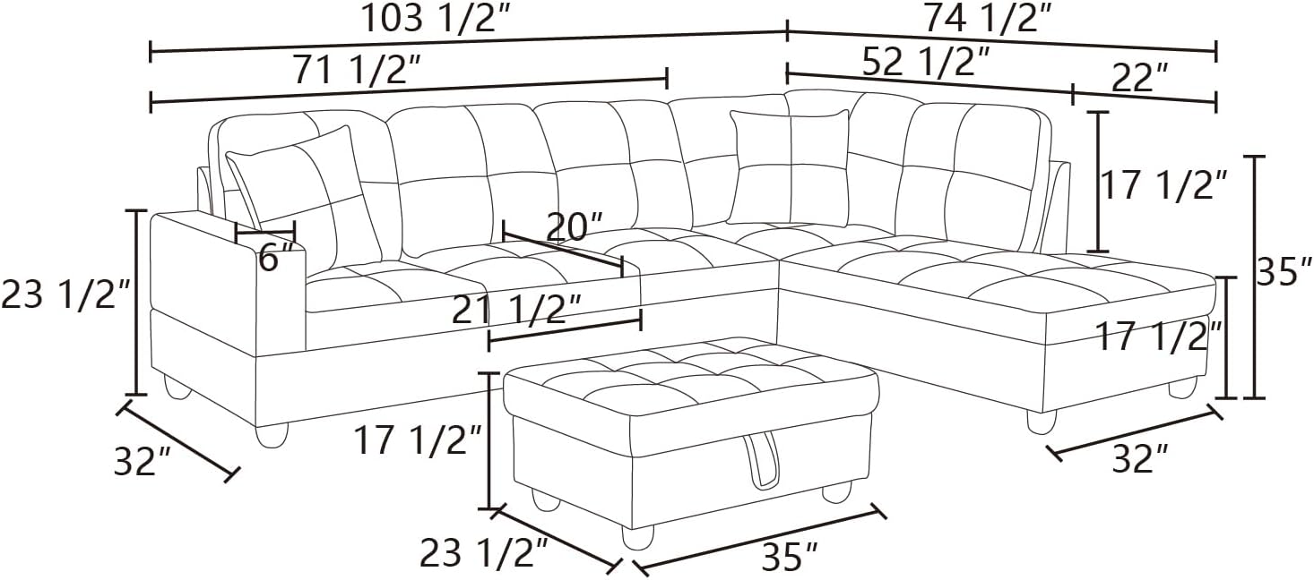 103 Inch L Shape 3 Piece Sectional Sofa Set with Storage Ottoman, Black L585