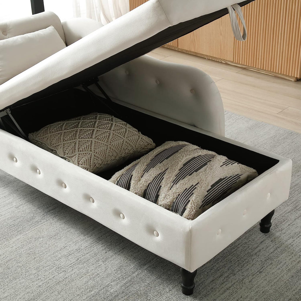 Velvet Chaise Lounge Chair with Storage and Pillow, Beige R1401