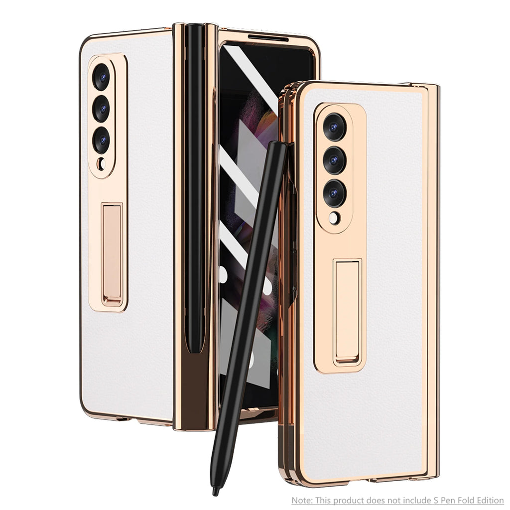 Mantto for Samsung Galaxy Z Fold 3 Case With Hinge Protection, Kickstand & Tempered Glass Screen Protector, Durable Full Coverage Heavy Duty PC + PU Leather Phone Case for Samsung Z Fold 3 5G, White