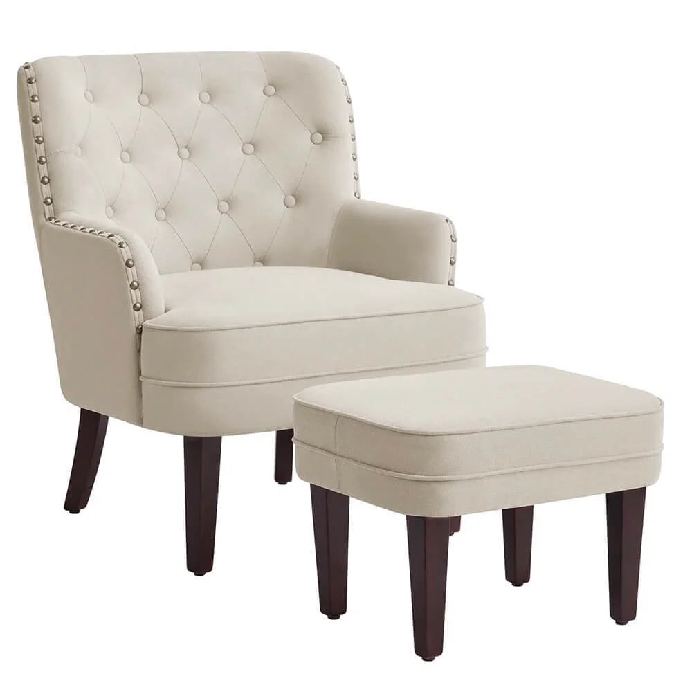 Accent Chair with Ottoman, Tufted Armchair for Bedroom Living Room, Beige D17953