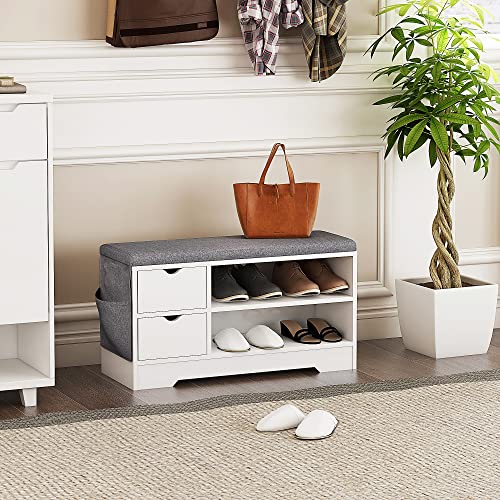 WellFurGeer Shoe Bench Entryway with Storage, Cushion, Brown + Gray N641800