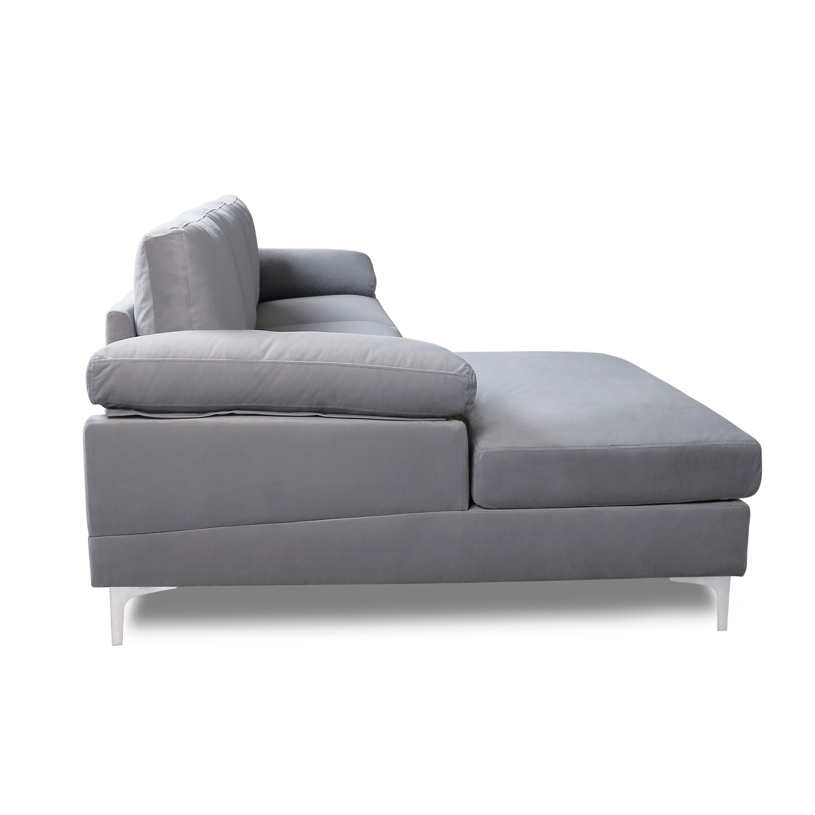 Fooing Modern Velvet L-Shape Sofa with Extra Wide Chaise, Gray M738