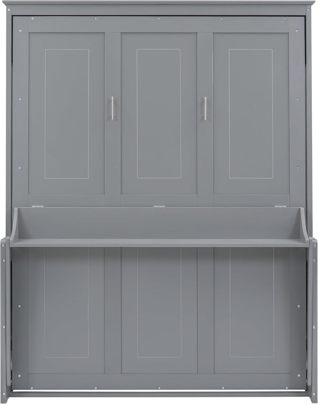 Queen Murphy Bed with Shelf, Space-Saving Wall Bed, Gray O8757