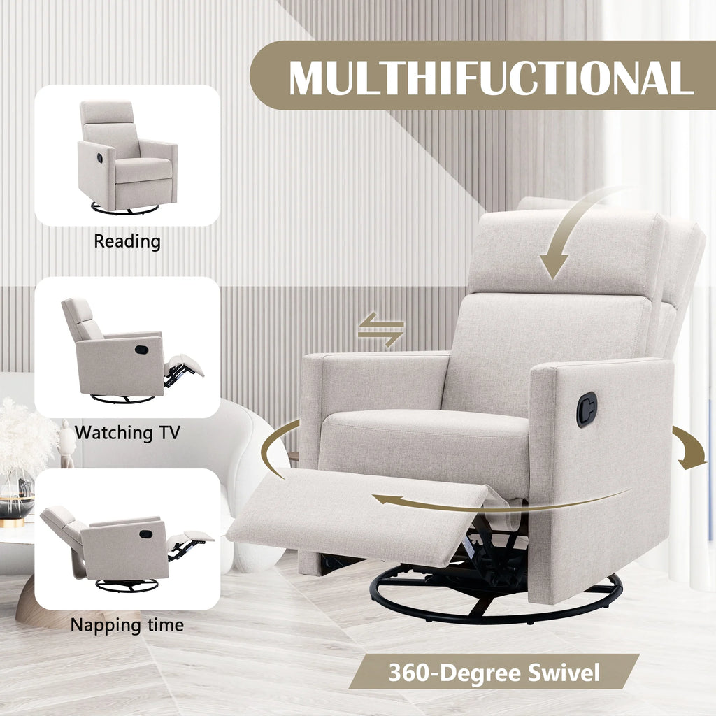 Paproos Swivel Rocker Recliner, Upholstered Fabric Chair for Nursery, Tan S83295