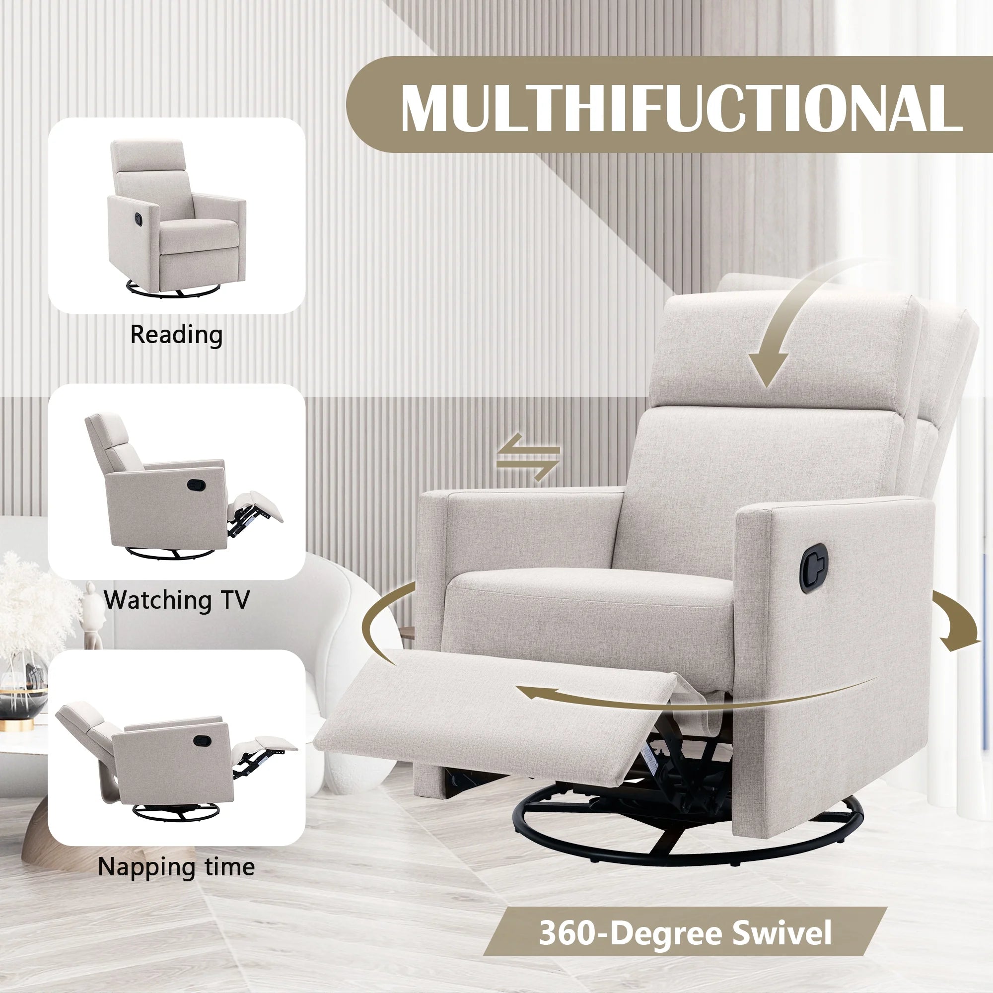 Paproos Swivel Rocker Recliner, Upholstered Fabric Chair for Nursery, Tan S83295