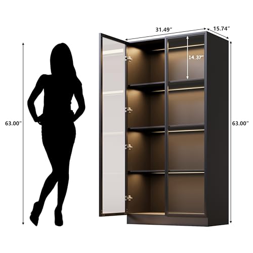 Display Cabinet with Glass Doors & Lights, 3-Tier, 2 Drawers, Black M7708