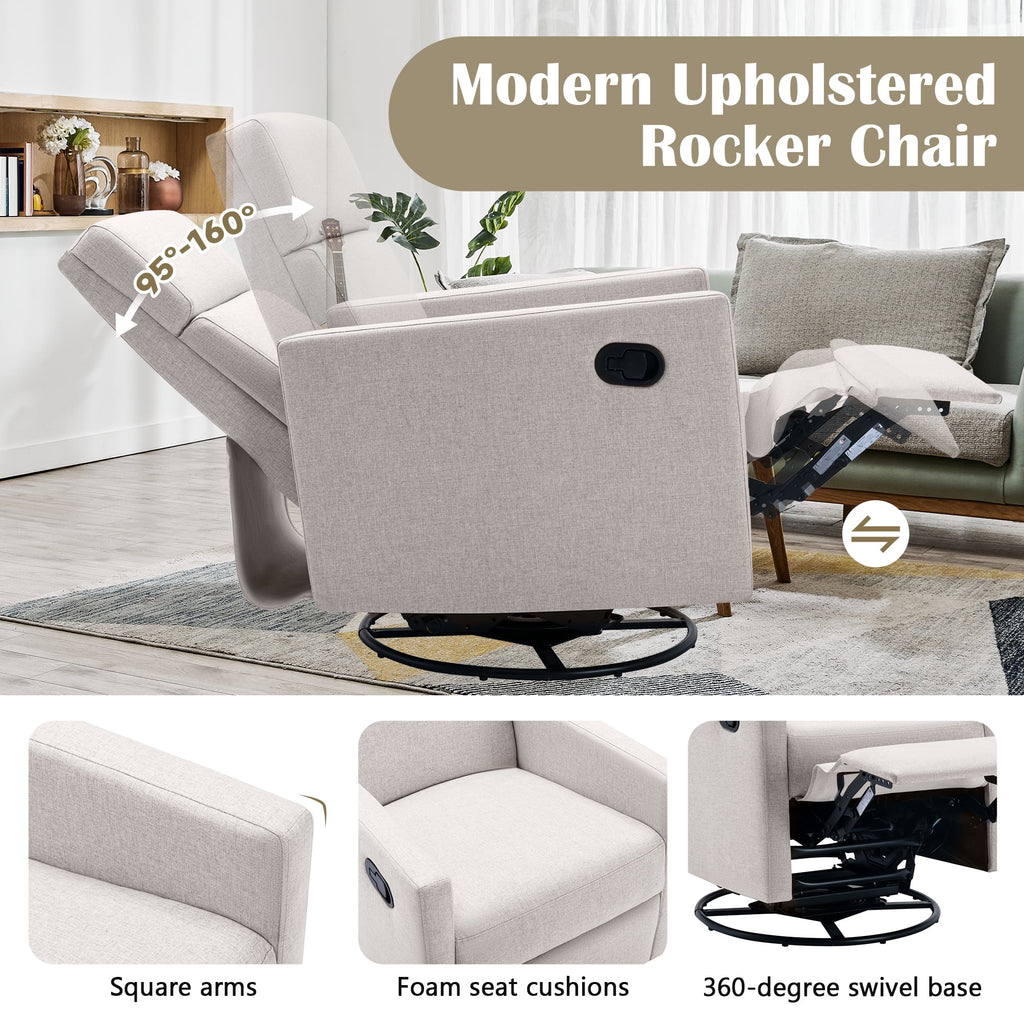 Paproos Swivel Rocker Recliner, Upholstered Fabric Chair for Nursery, Tan S83295
