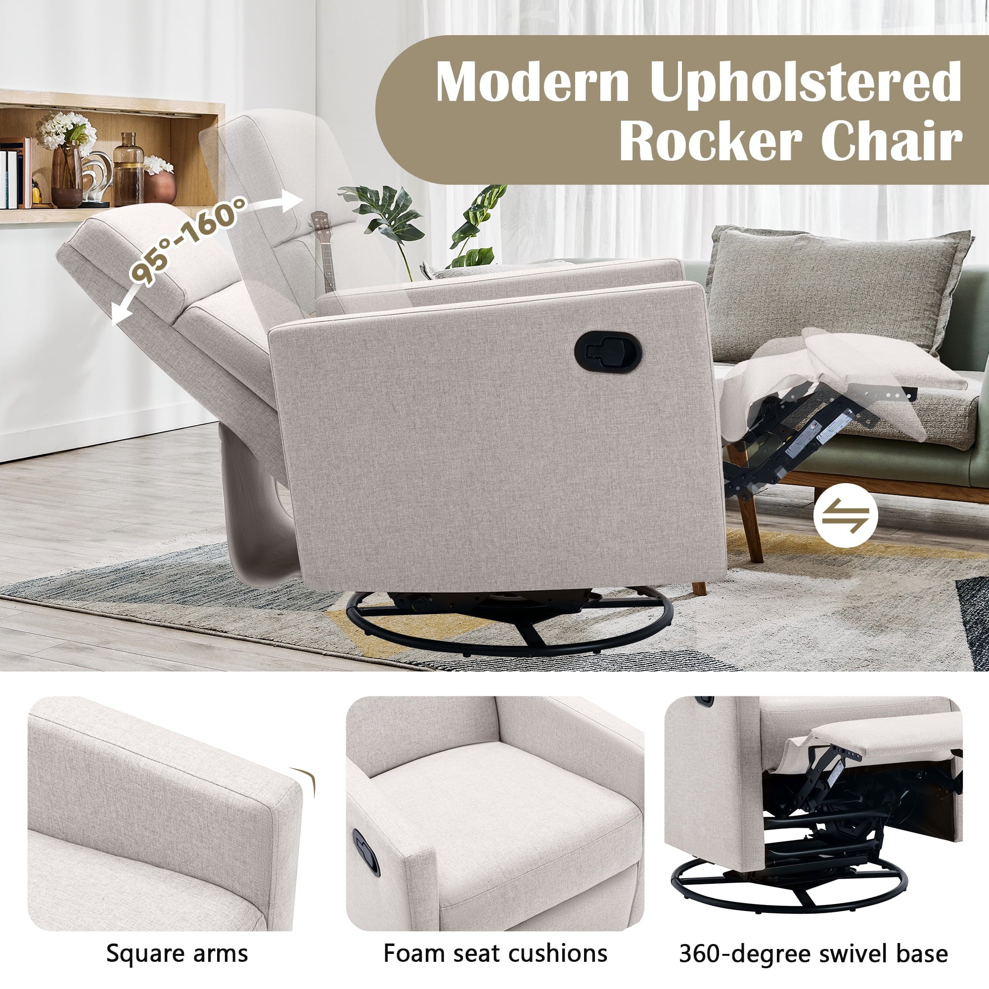 Paproos Swivel Rocker Recliner, Upholstered Fabric Chair for Nursery, Tan S83295
