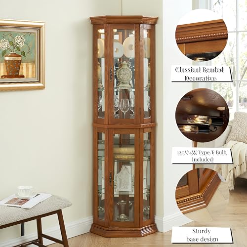 Lighted Corner Curio Cabinet with Adjustable Shelves & Mirrored Back R333
