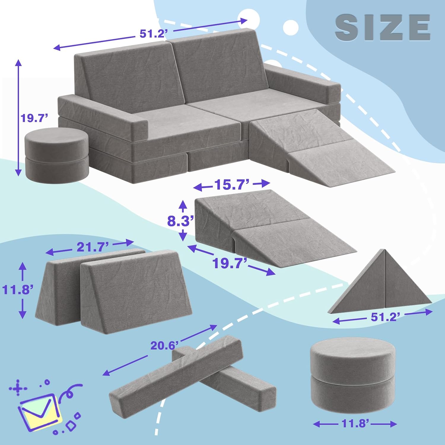 Kids Nugget Couch, 15PCS Modular Play Couch with Foam Cushion G559