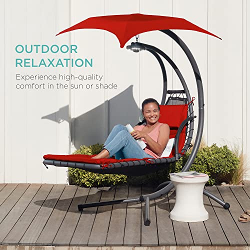 Outdoor Hanging Curved Steel Chaise Lounge Chair Swing with Pillow and Canopy - Red D38972