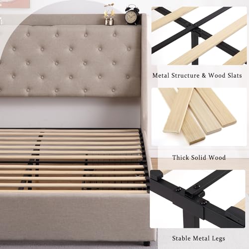 Full Size Bed Frame with Charging Station and Storage Drawers Y178