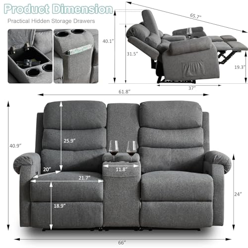 Reclining Loveseat with Console, 2-Seater Manual Recliner Sofa for Living Room D8118