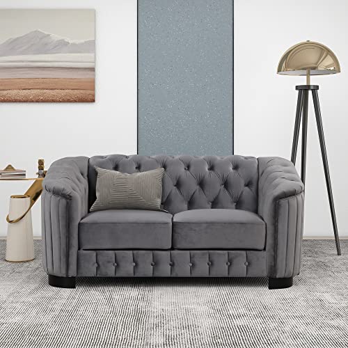 Velvet Chesterfield 3-Piece Living Room Sofa Set Grey Y688794
