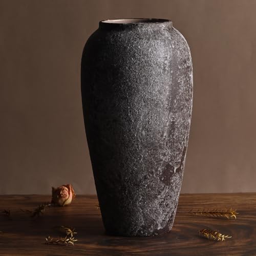 13.8in Tall Stone Vase for Rustic Home Decor Farmhouse Pottery C438