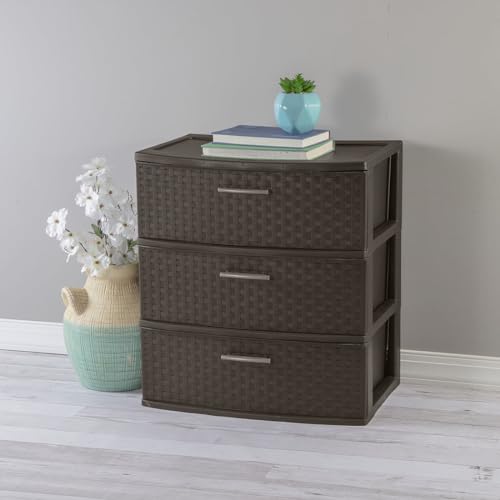 3 Drawer Wide Plastic Weave Tower with Pull Handles, Espresso Q666