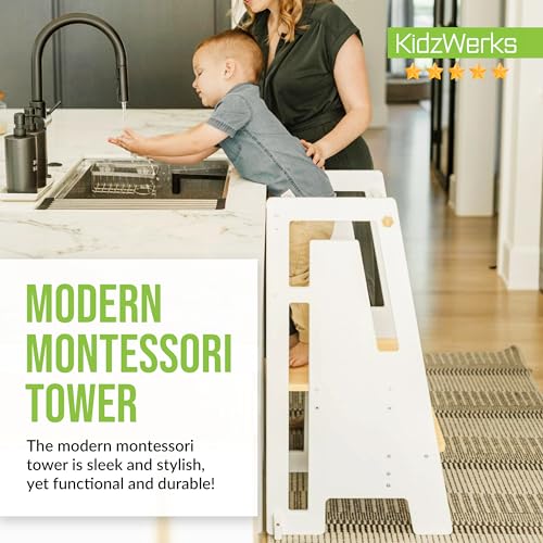 Modern Toddler Tower Montessori Kitchen Step Stool, Adjustable Standing Platform, White Q65556