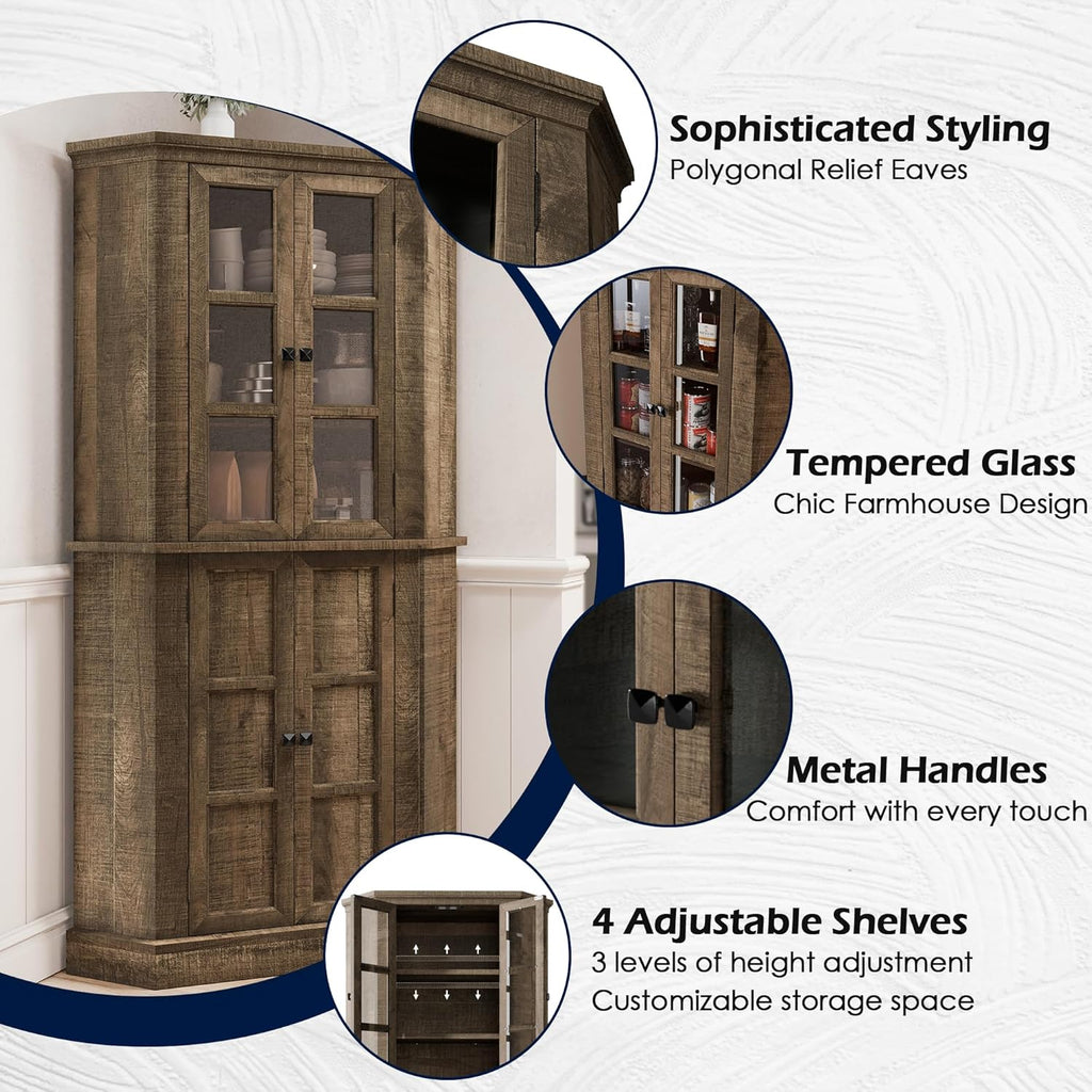Corner Storage Cabinet 67" Kitchen Pantry with Glass Doors, Farmhouse Tall Curio Display, Rustic Brown Y1061