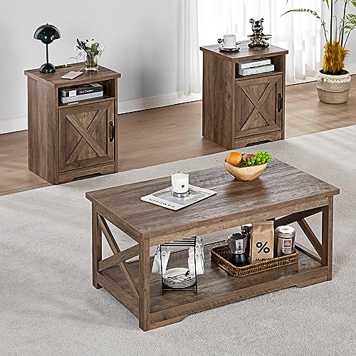 AMERLIFE 5-Piece Farmhouse Table Set with Fireplace TV Stand, Coffee Table & 2 End Tables P884