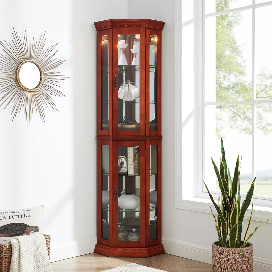 Lighted Curio Cabinet 6 Shelf Corner Corner with Shelves，Display Case for Living Room, China Hutch with Adjustable Tempered Glass Shelves Doors and Shelves, Bar and Liquor Storage Area-Oak