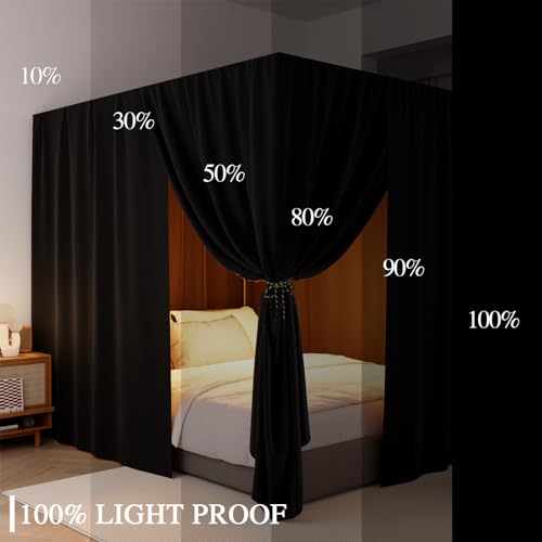Black Canopy Bed Curtains Queen Lightproof Drapes with Top Ties and Tie Backs G1021
