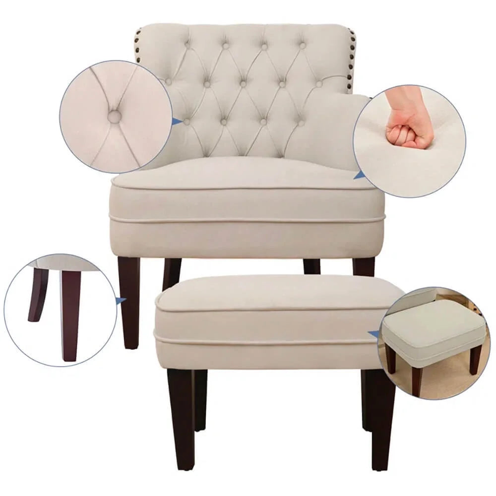 Accent Chair with Ottoman, Tufted Armchair for Bedroom Living Room, Beige D17953