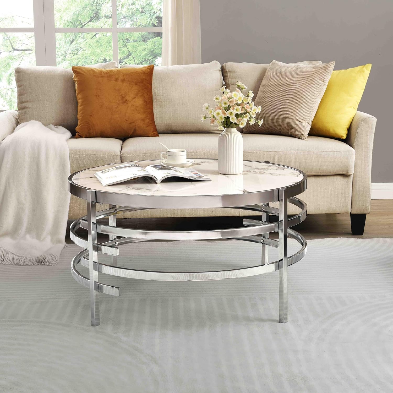 Goujxcy Modern Round Coffee Table with Faux Marble & Silver Metal Frame R713512