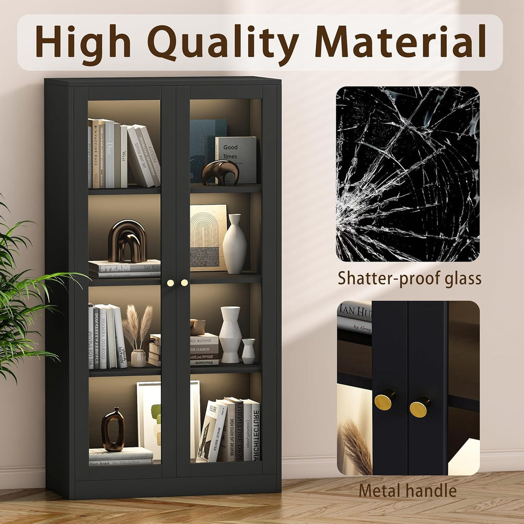 63'' Glass Display Cabinet with LED Light and Adjustable Shelves A261714