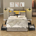 Queen Size Bed Frame with Charging Station, Queen Bed Frame with 4 Drawers LED Light, Farmhouse Platform Bed with Headboard Storage 3 Layer Shelves, Wash Grey