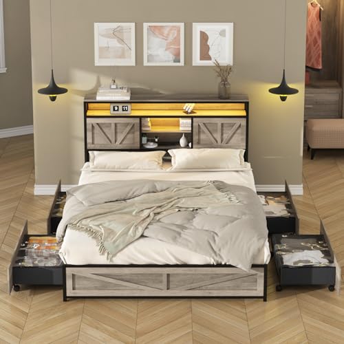 Queen Size Bed Frame with Charging Station, Queen Bed Frame with 4 Drawers LED Light, Farmhouse Platform Bed with Headboard Storage 3 Layer Shelves, Wash Grey