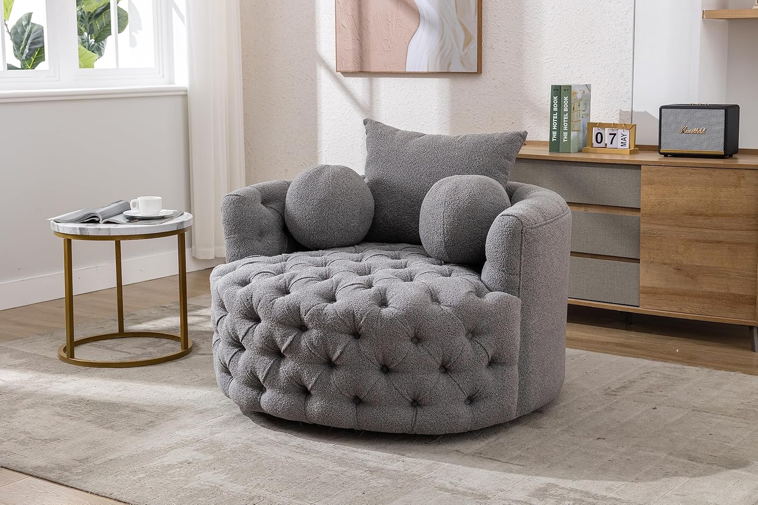 42.9" Oversized Swivel Accent Barrel Chair Chenille Tufted Upholstered Sofachair W/3 Pillows, Comfy Leisure Lounge Club Round Armchair Cozy Sofa & Chair for Home Apartment Office Hotel Living Room