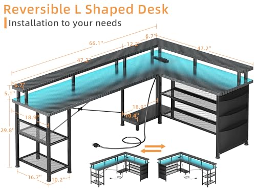 L Shaped Gaming Desk with Power Outlet and LED Lights, Black Carbon Fiber S6091