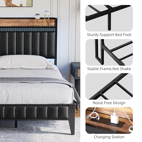 IDEALHOUSE Queen Bed Frame with Charging Station and LED Lights, Black N267458